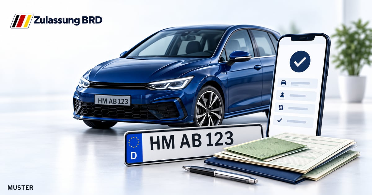 Online Fahrzeugzulassung in Bad Pyrmont: Musterkennzeichen HM AB 123, Auto und Fahrzeugpapiere und Smartphone. Illustration mit Logo von Zulassung BRD.